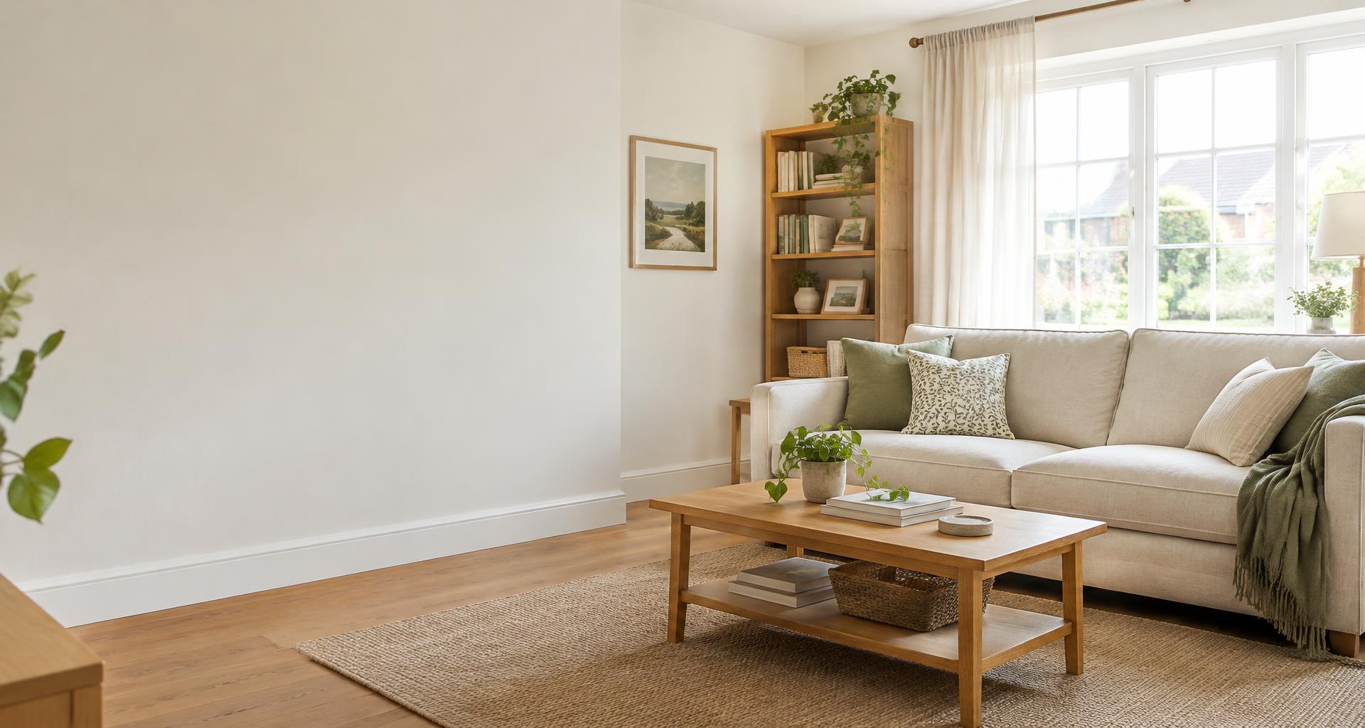 Fresh and welcoming living room with a tidy sofa and natural light